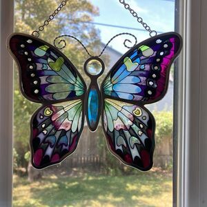 AMIA Studios Butterfly Handpainted Stained Glass Suncatcher Purple Green Blue